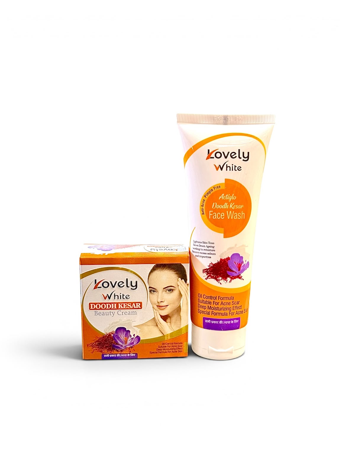 Lovely White Doodhi Kshar face wash set, featuring a tube of face wash and a box of doodhi kshar powder, both with orange and purple labels, on a white background.